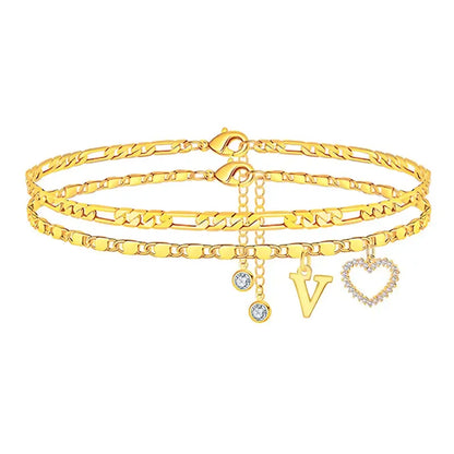 Double-Layer 26-Letter Gold Chain Heart-Shaped Anklet with a heart-shaped pendant