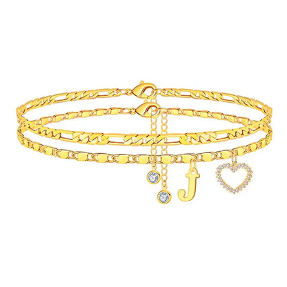 Double-Layer 26-Letter Gold Chain Heart-Shaped Anklet with a heart-shaped pendant