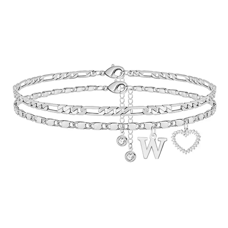Double-Layer 26-Letter Gold Chain Heart-Shaped Anklet with a heart-shaped pendant