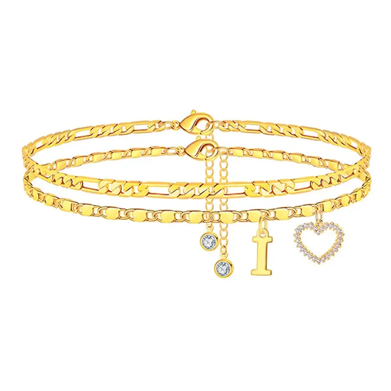 Double-Layer 26-Letter Gold Chain Heart-Shaped Anklet with a heart-shaped pendant