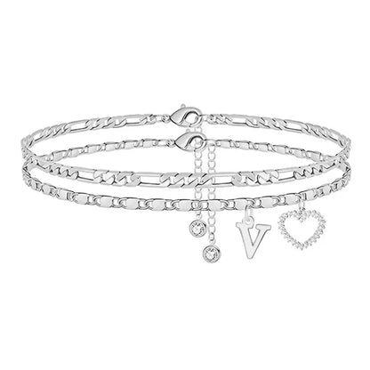 Double-Layer 26-Letter Gold Chain Heart-Shaped Anklet with a heart-shaped pendant
