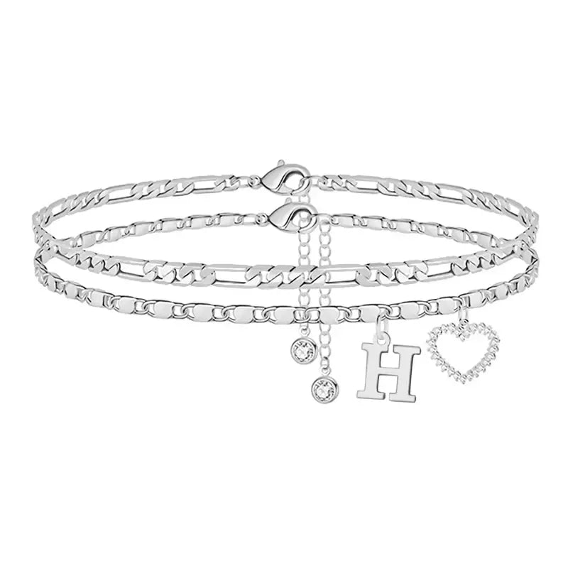 Double-Layer 26-Letter Gold Chain Heart-Shaped Anklet with a heart-shaped pendant