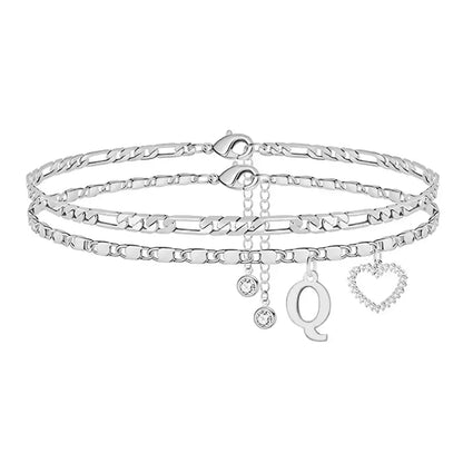 Double-Layer 26-Letter Gold Chain Heart-Shaped Anklet with a heart-shaped pendant