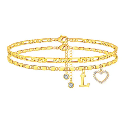 Double-Layer 26-Letter Gold Chain Heart-Shaped Anklet with a heart-shaped pendant