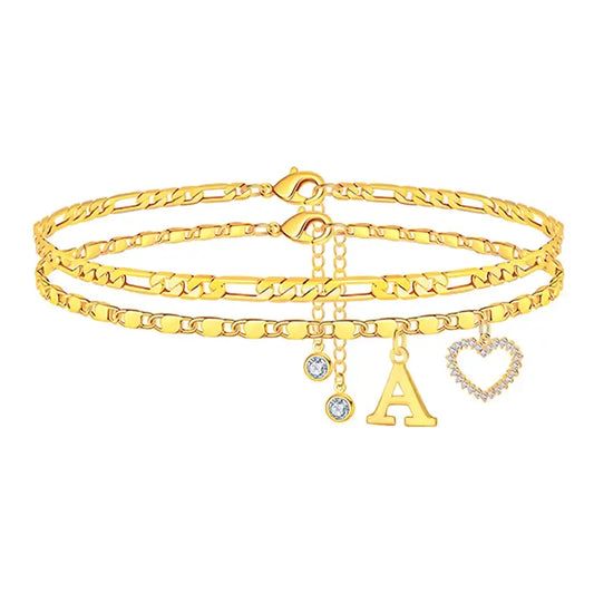 Double-Layer 26-Letter Gold Chain Heart-Shaped Anklet with a heart-shaped pendant