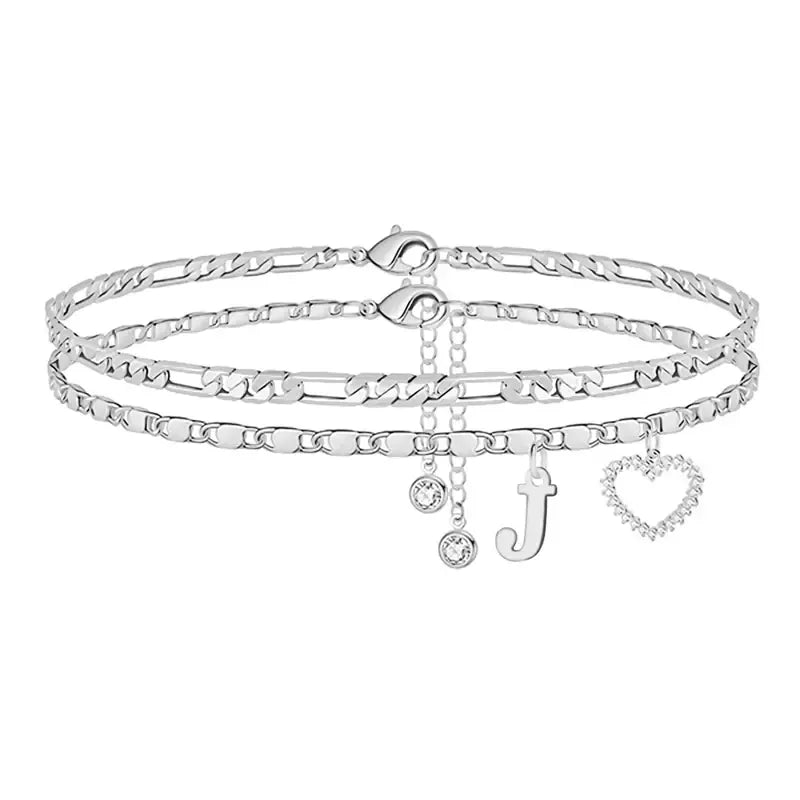 Double-Layer 26-Letter Gold Chain Heart-Shaped Anklet with a heart-shaped pendant