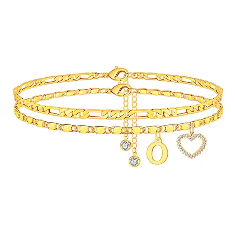 Double-Layer 26-Letter Gold Chain Heart-Shaped Anklet with a heart-shaped pendant