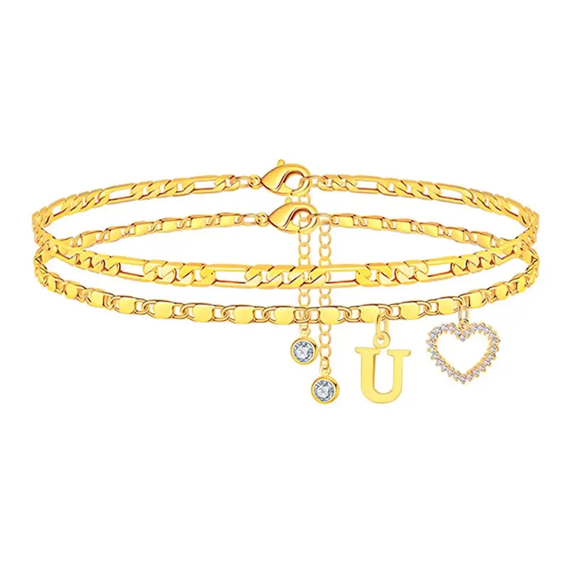 Double-Layer 26-Letter Gold Chain Heart-Shaped Anklet with a heart-shaped pendant
