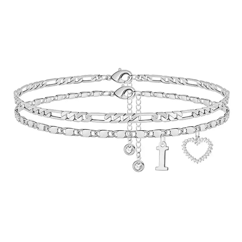 Double-Layer 26-Letter Gold Chain Heart-Shaped Anklet with a heart-shaped pendant