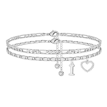 Double-Layer 26-Letter Gold Chain Heart-Shaped Anklet with a heart-shaped pendant