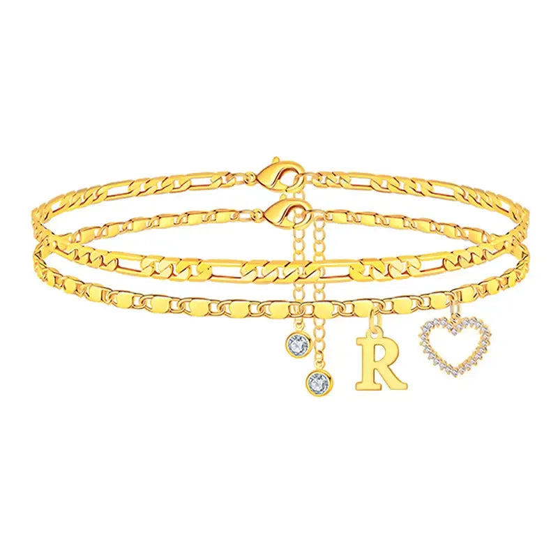 Double-Layer 26-Letter Gold Chain Heart-Shaped Anklet with a heart-shaped pendant