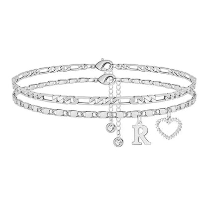 Double-Layer 26-Letter Gold Chain Heart-Shaped Anklet with a heart-shaped pendant