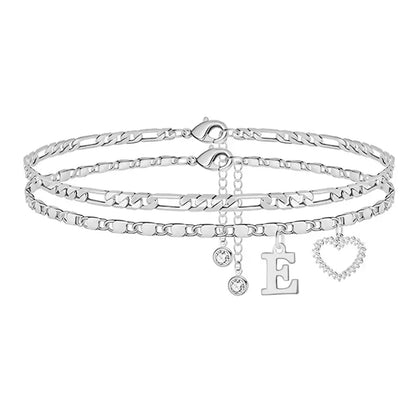 Double-Layer 26-Letter Gold Chain Heart-Shaped Anklet with a heart-shaped pendant