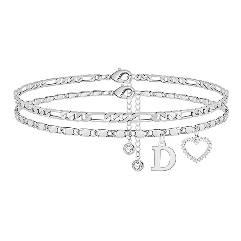 Double-Layer 26-Letter Gold Chain Heart-Shaped Anklet with a heart-shaped pendant
