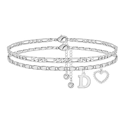 Double-Layer 26-Letter Gold Chain Heart-Shaped Anklet with a heart-shaped pendant