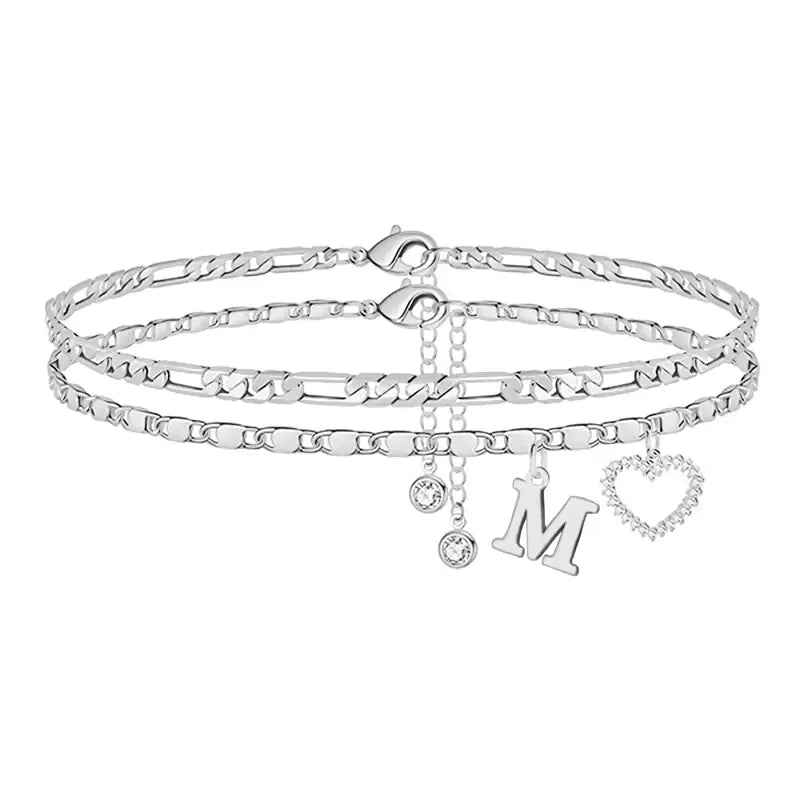 Double-Layer 26-Letter Gold Chain Heart-Shaped Anklet with a heart-shaped pendant