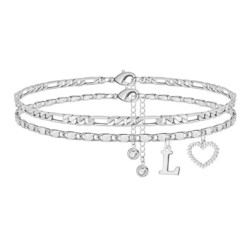 Double-Layer 26-Letter Gold Chain Heart-Shaped Anklet with a heart-shaped pendant