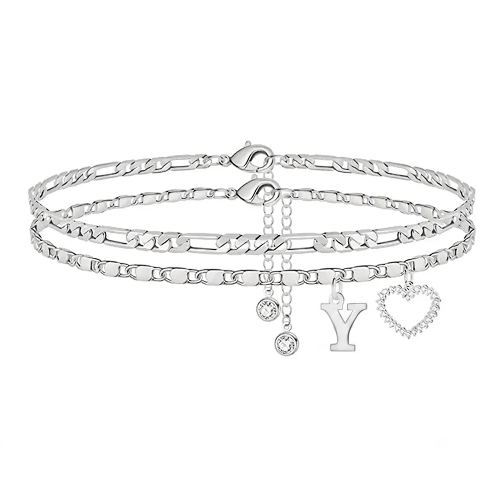 Double-Layer 26-Letter Gold Chain Heart-Shaped Anklet with a heart-shaped pendant