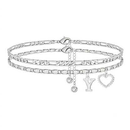 Double-Layer 26-Letter Gold Chain Heart-Shaped Anklet with a heart-shaped pendant